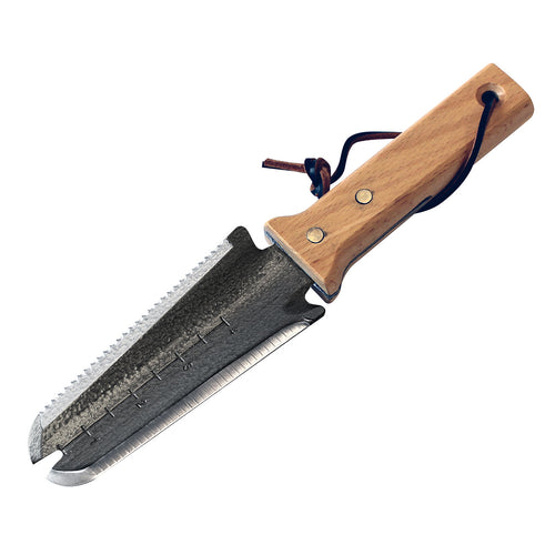 Couteau de repiquage et de rempotage avec lame dentelée et manche en bois dur FSC