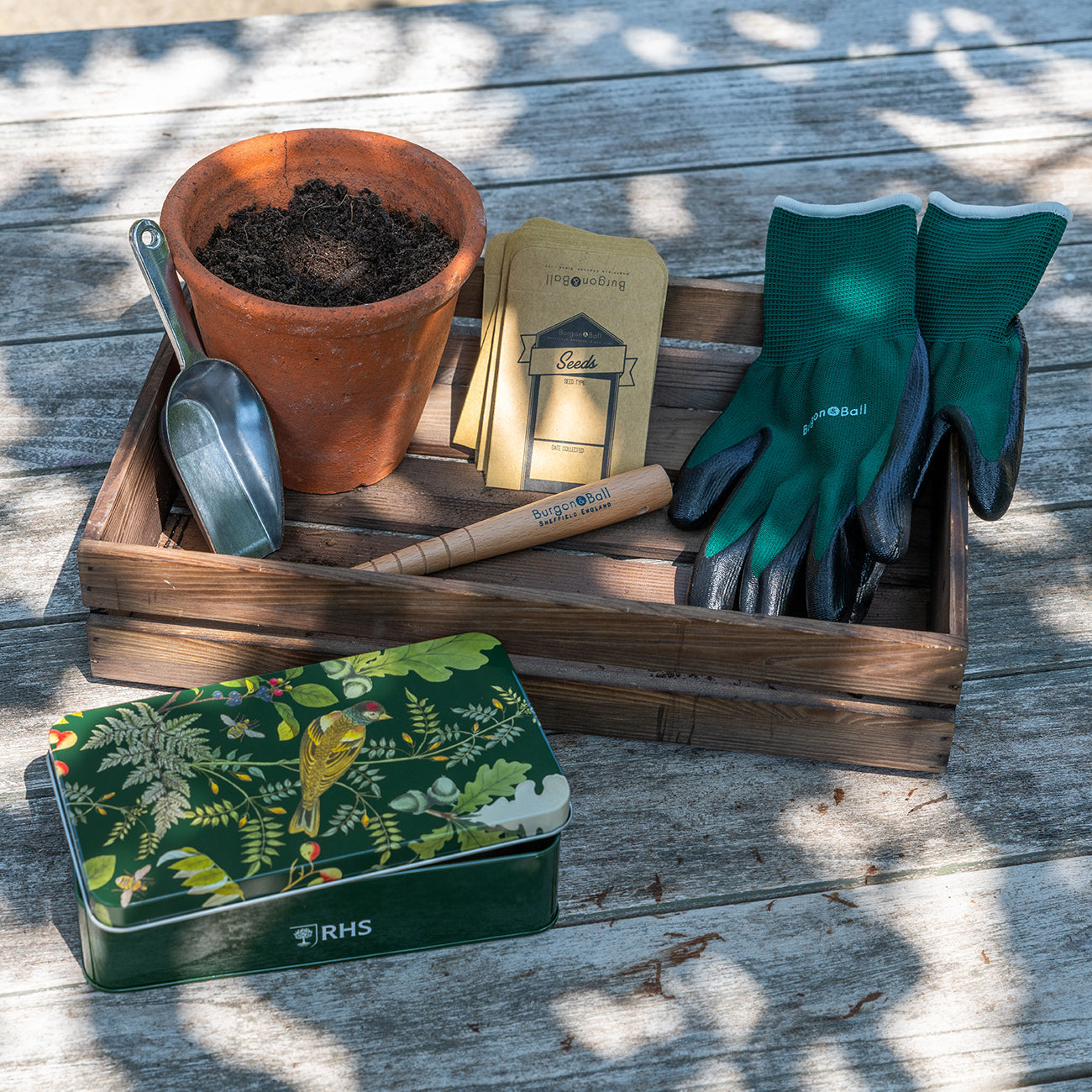 Sowing and Potting Tin Gift Set with Gloves, Scoop, Dibblet and Seed Envelopes