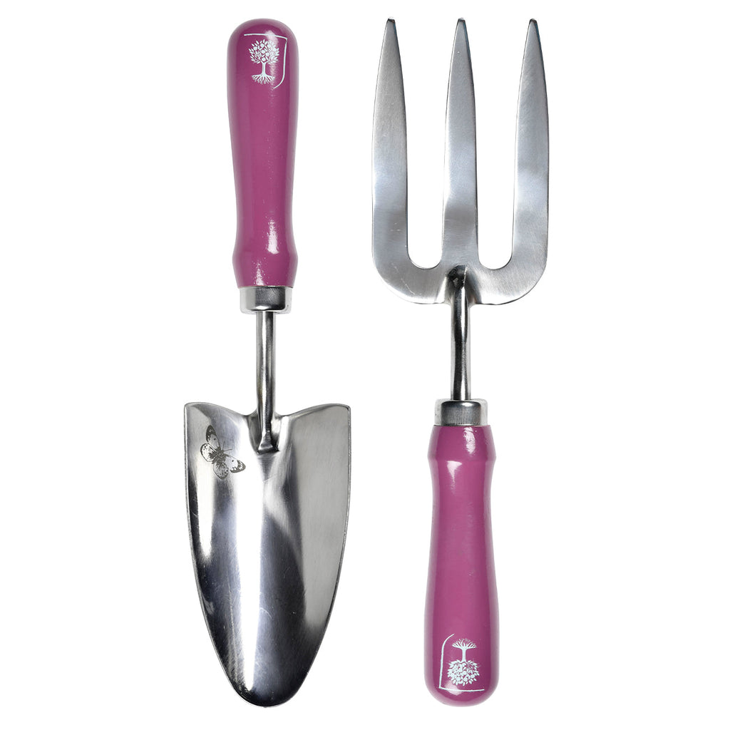 Stainless Steel Trowel and Fork Set with Floral Painted Hardwood Handle