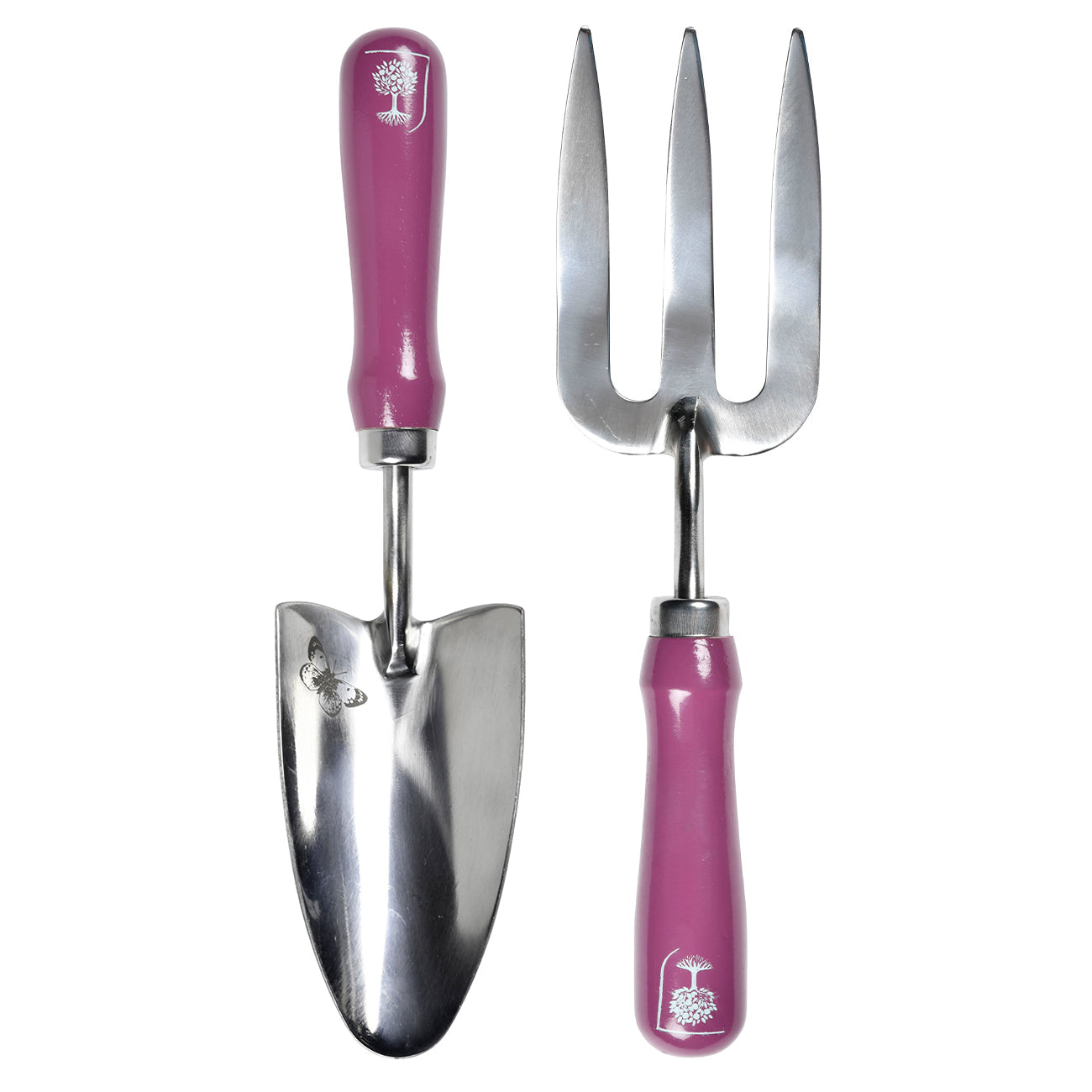 Stainless Steel Trowel and Fork Set with Floral Painted Hardwood Handle