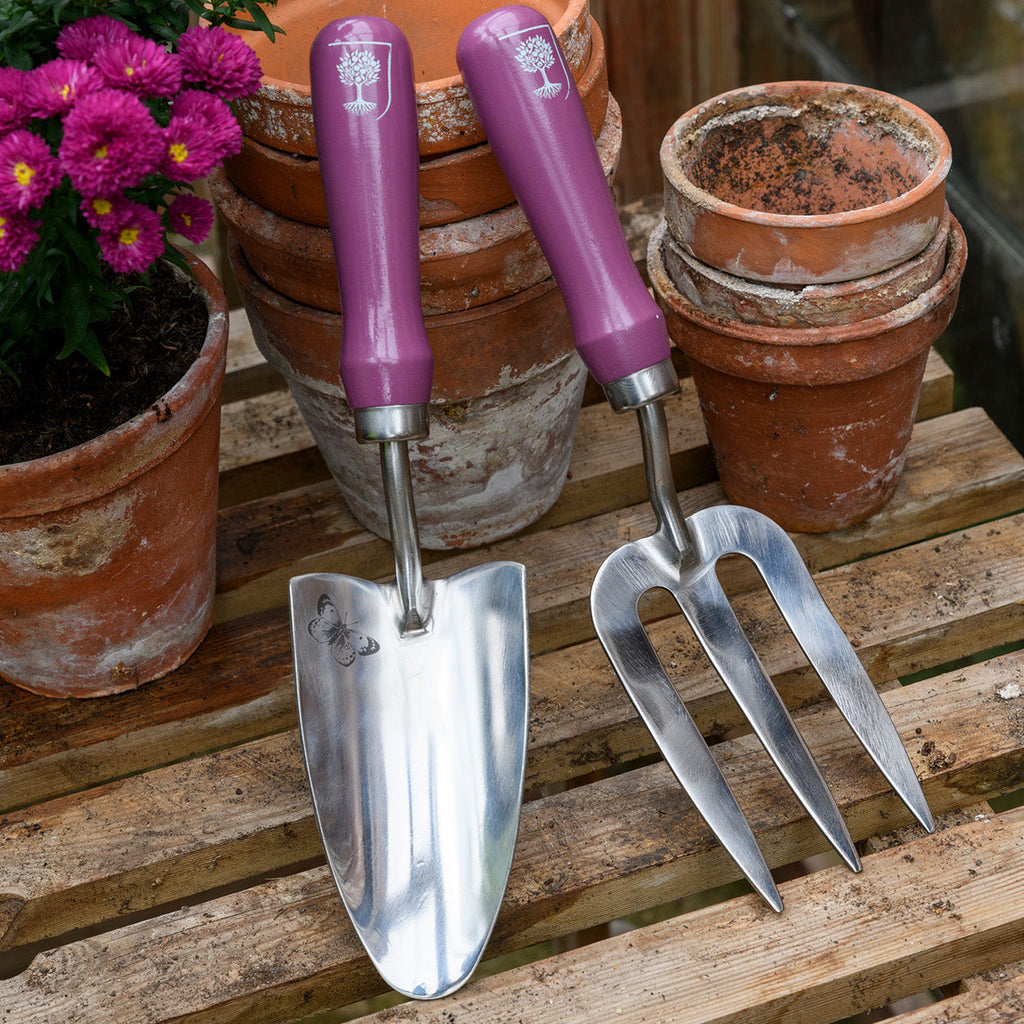 Stainless Steel Trowel and Fork Set with Floral Painted Hardwood Handle
