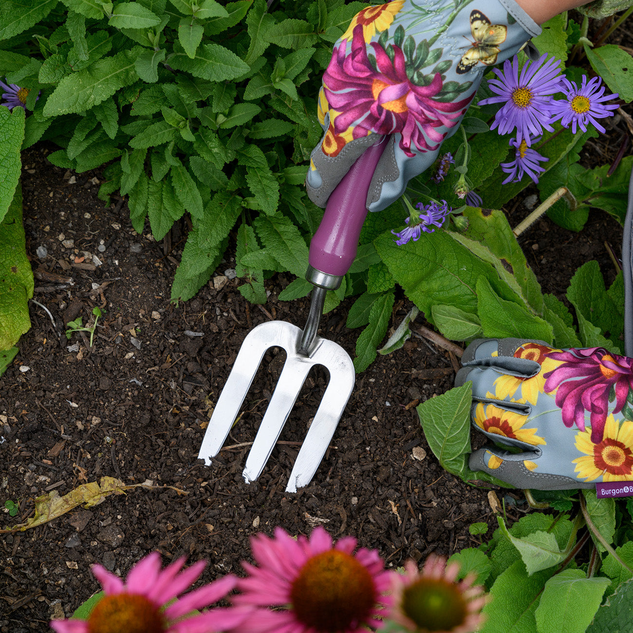 Stainless Steel Trowel and Fork Set with Floral Painted Hardwood Handle