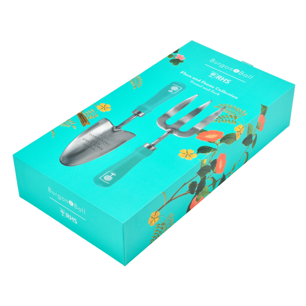 Flora and Fauna Stainless Steel Trowel and Fork Garden Hand Tool Set with Teal Hardwood Handle