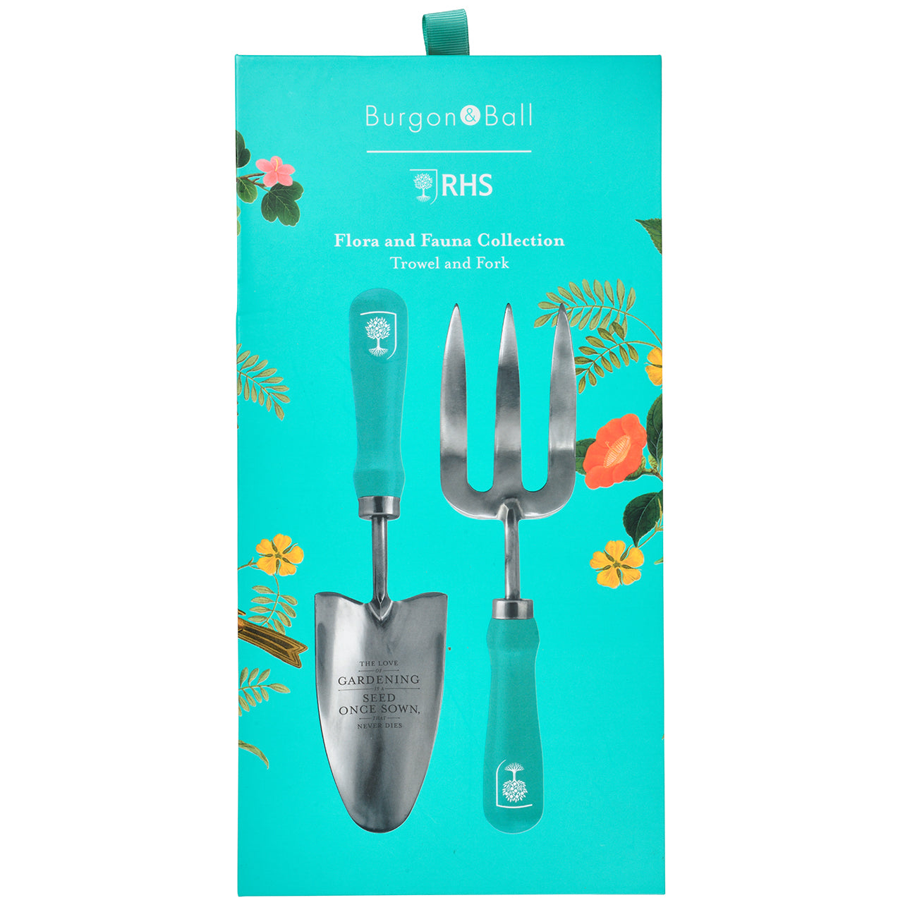 Flora and Fauna Stainless Steel Trowel and Fork Garden Hand Tool Set with Teal Hardwood Handle
