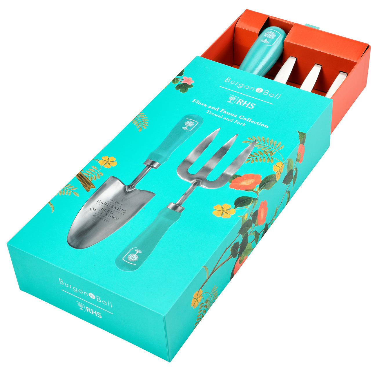 Flora and Fauna Stainless Steel Trowel and Fork Garden Hand Tool Set with Teal Hardwood Handle