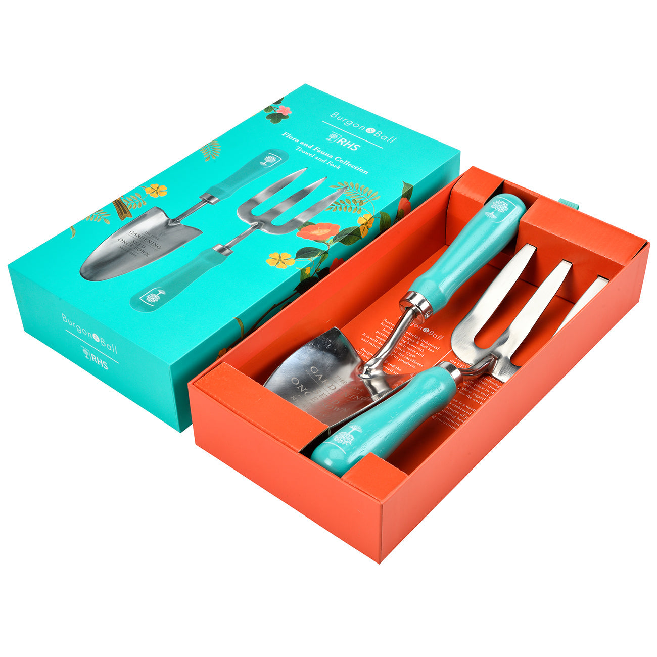 Flora and Fauna Stainless Steel Trowel and Fork Garden Hand Tool Set with Teal Hardwood Handle