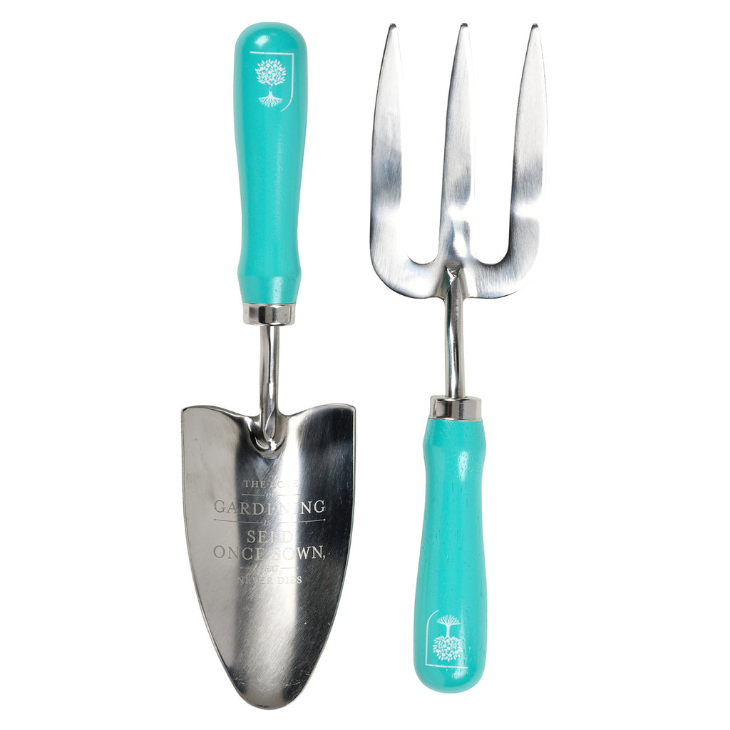 Flora and Fauna Stainless Steel Trowel and Fork Garden Hand Tool Set with Teal Hardwood Handle