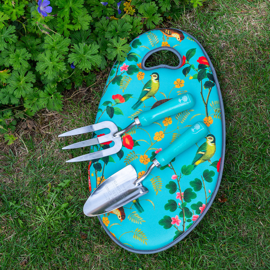 Flora and Fauna Stainless Steel Trowel and Fork Garden Hand Tool Set with Teal Hardwood Handle
