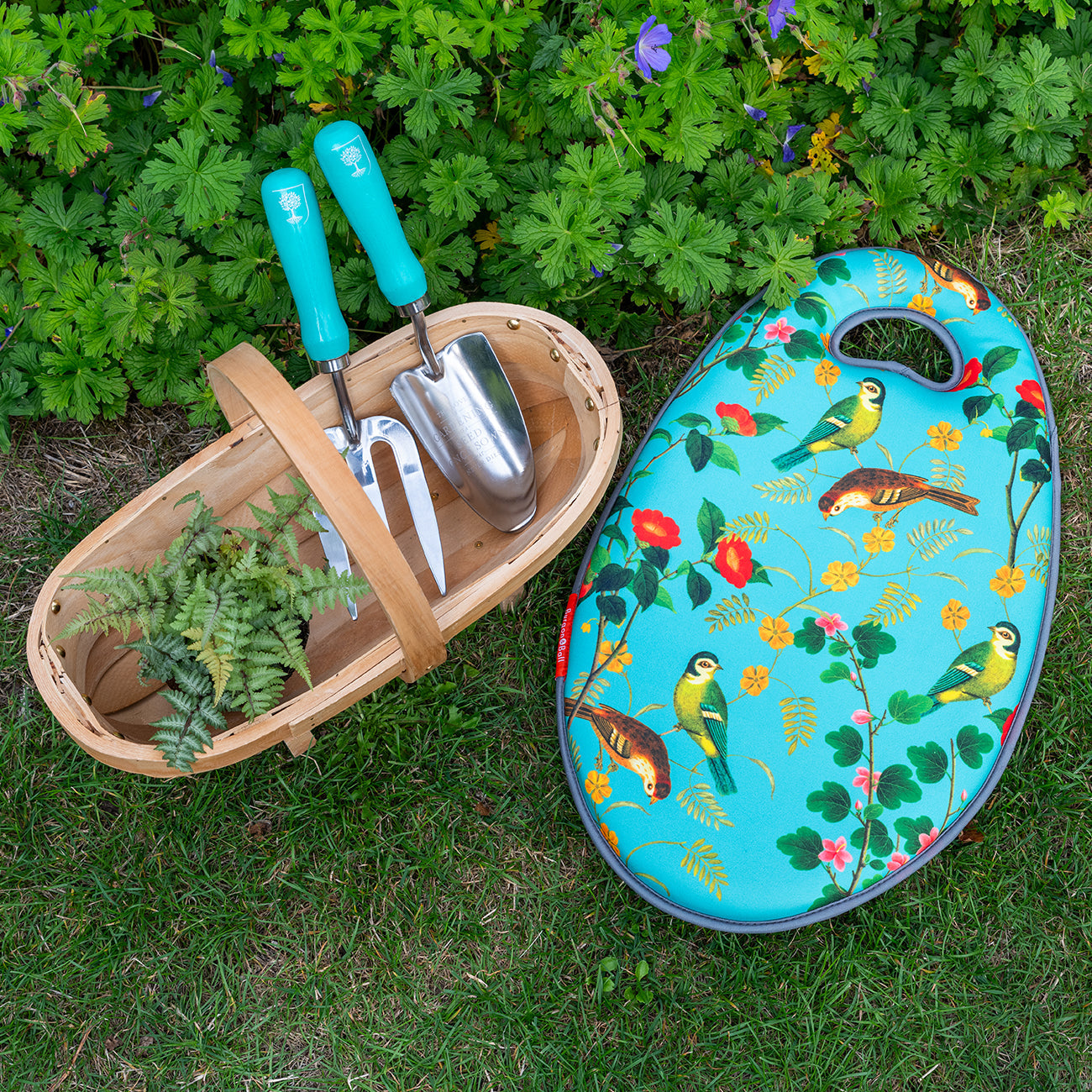 Flora and Fauna Stainless Steel Trowel and Fork Garden Hand Tool Set with Teal Hardwood Handle
