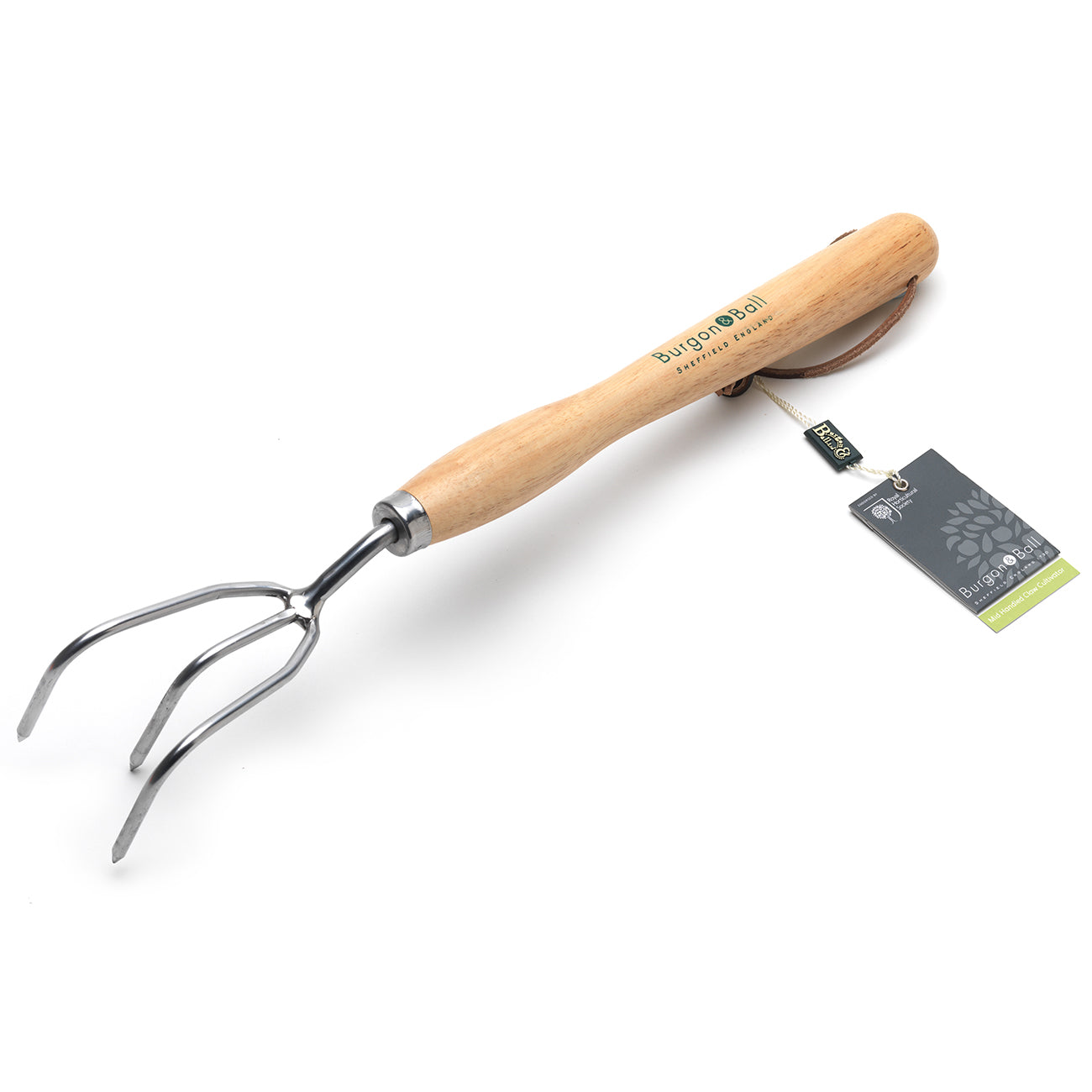 Stainless Steel Mid Handled Claw Cultivator with Hardwood Handle and Leather Cord