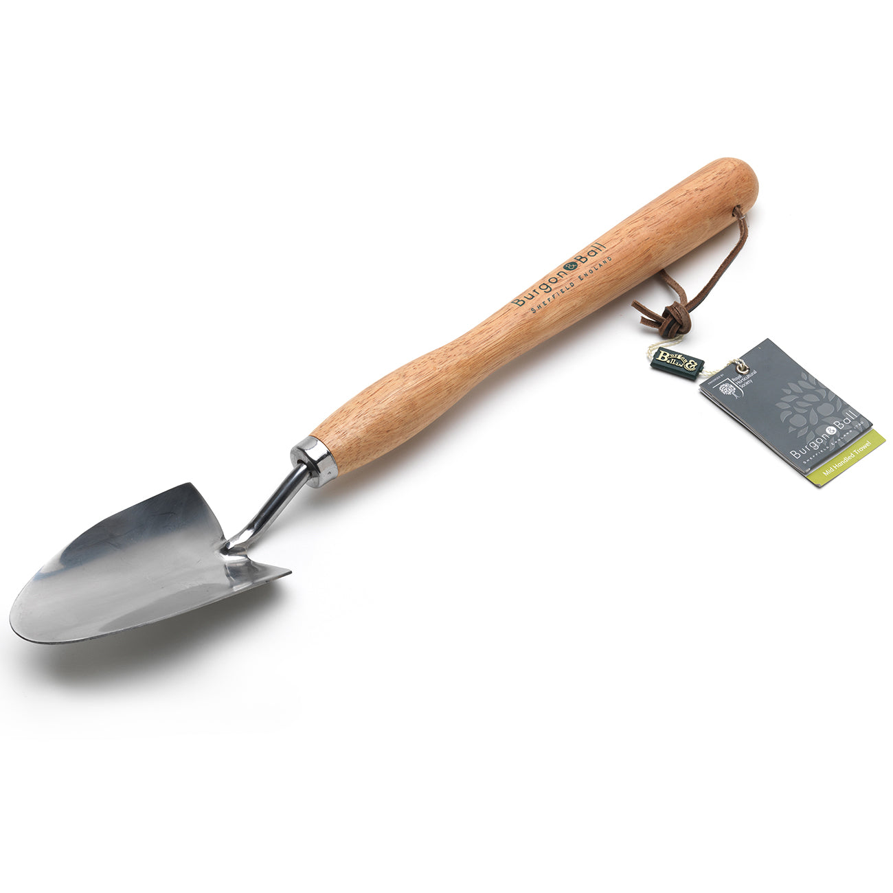 Stainless Steel Mid Handle Garden Trowel with Hardwood Grip and Leather Cord