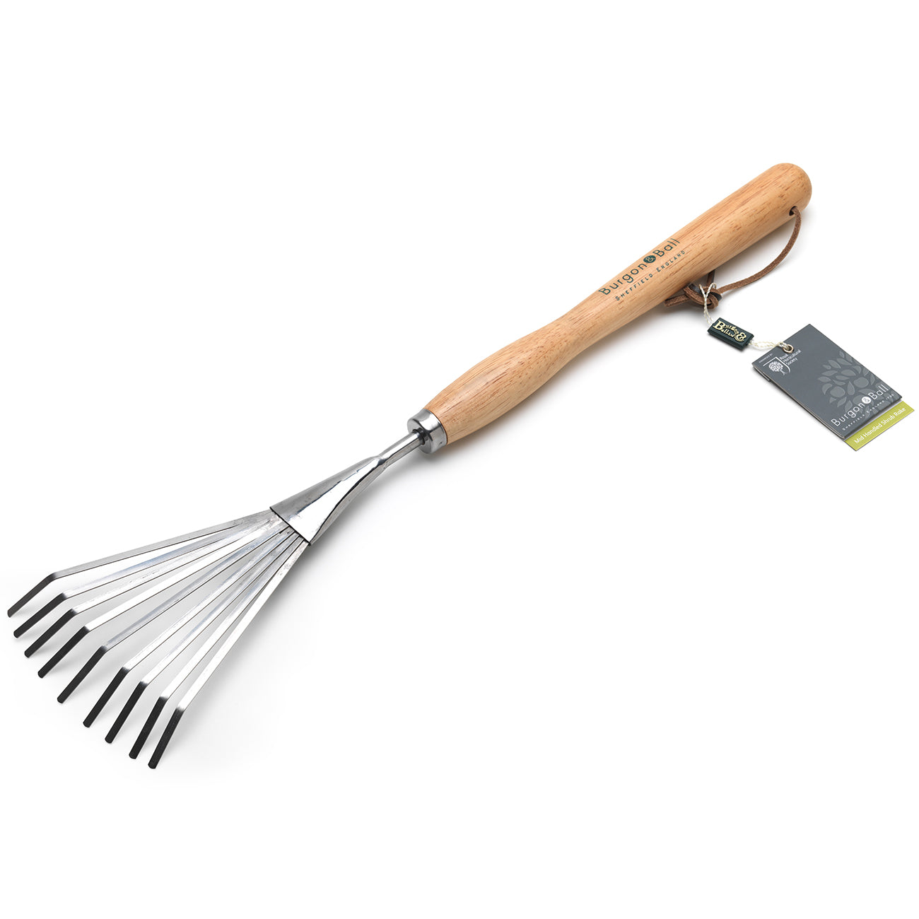 Mid Handled Shrub Rake Stainless Steel FSC Hardwood Handle Garden Tool