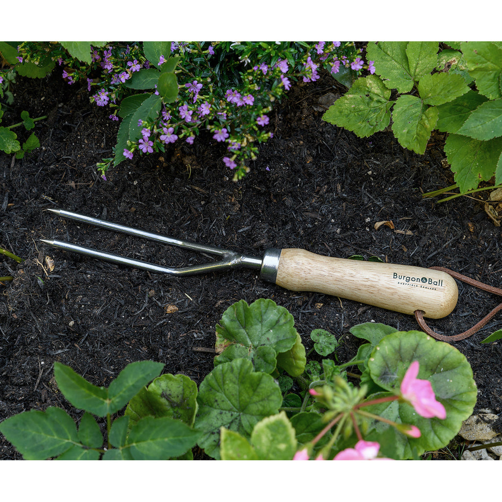 Stainless Steel Weeding Fork with Hardwood Handle and Leather Cord